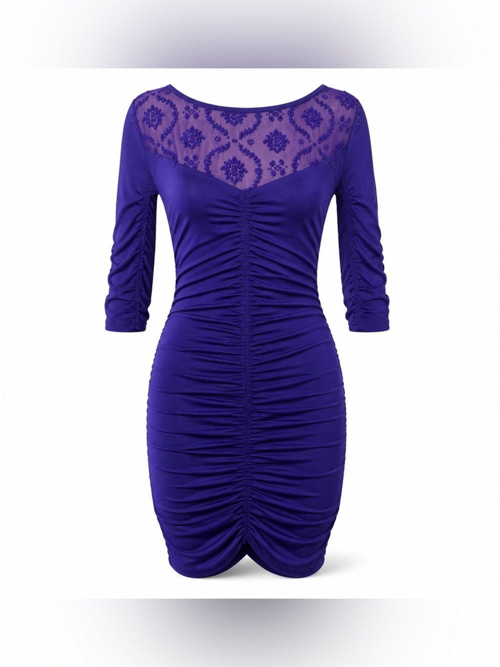 Free People M purple lace ruched stretch 3/4‎ sleeves mini stretch retro dress